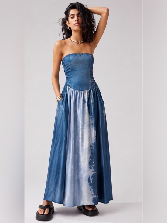 BLUvintage Dresses & Skirts - BLUVintage Blue Strapless Maxi Dress Colorblock Pocket Dress Size Large